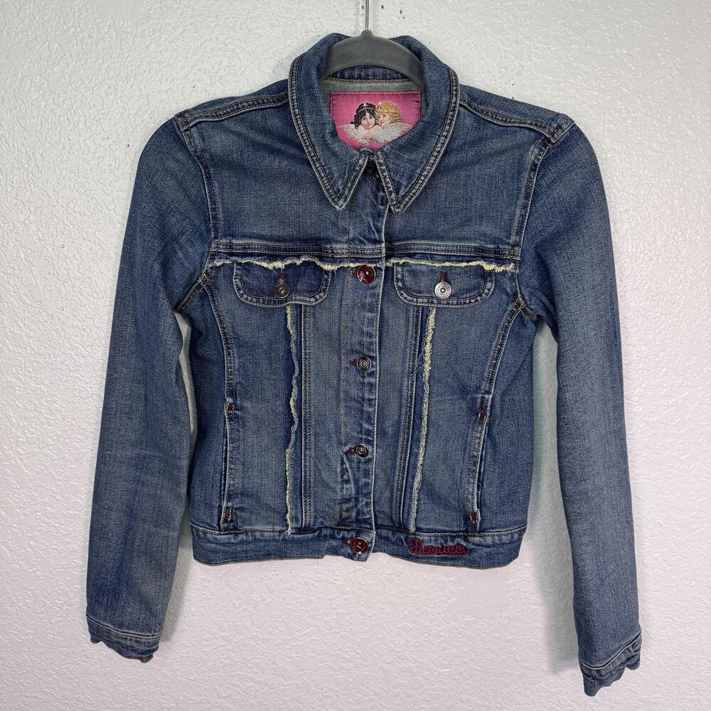 Vintage Fiorucci Jacket Womens Medium Denim Floral Embroidered Crop Y2K Jean